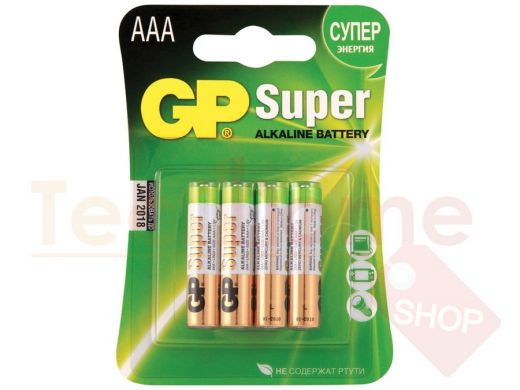 Батарейка LR03  GP Super, AAA (LR03, 24 А), алкалиновые, комплект 4 шт., в блистере