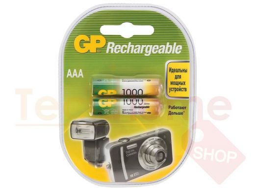 Батарейки аккумуляторные GP, AAA, Ni-Mh, 1000 mAh, комплект 2 шт., в блистере, 100AAAHC2DECRC2