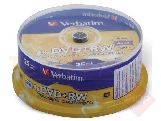 Диски DVD+RW (плюс) VERBATIM 4,7 Gb 4x, КОМПЛЕКТ 25 шт., Cake Box, 43489