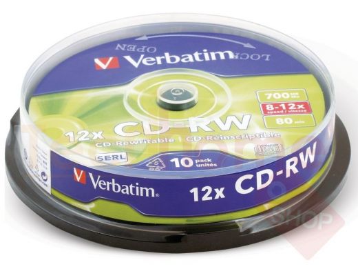 Диски CD-RW VERBATIM 700 Mb 12х, КОМПЛЕКТ 10 шт, Cake Box, 43480