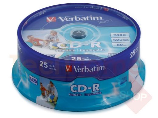 Диски CD-R VERBATIM 700 MB 52x Printable, КОМПЛЕКТ 25 шт., Cake Box, с поверхностью для печати