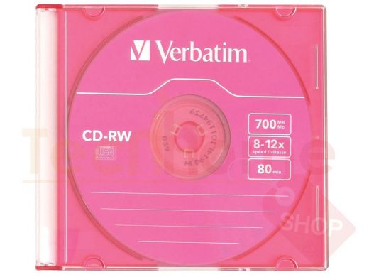 Диск CD-RW VERBATIM, 700 Mb, 8х-12х, Colour Slim Case, 43167