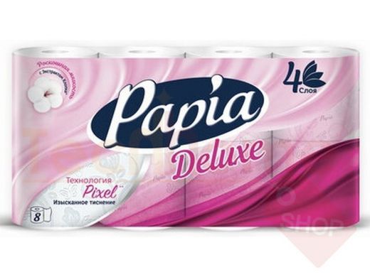 Бумага туалетная бытовая, спайка 8 шт., 4-слойная (8х16 м), PAPIA DELUXE, белая, 5062173
