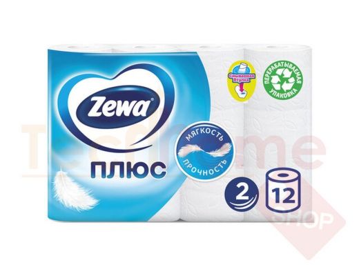 Бумага туалетная бытовая, спайка 12 штук, 2-х слойная (12х23 м), ZEWA Plus, белая