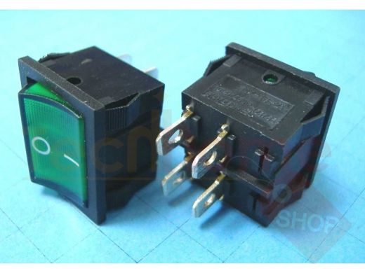 Переключатель Клавиша  MIRS-201-4 (I-O) (зелёная-неон подсв.) (уст.22x19мм) (4 конт.250В/6A)'