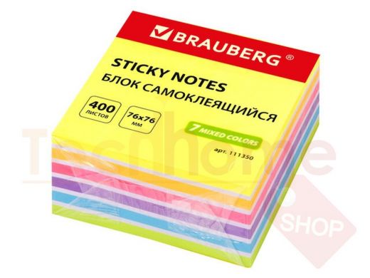 Блок самоклеящийся (стикеры) BRAUBERG НЕОНОВЫЙ 76х76 мм, 400 листов, 7 цветов