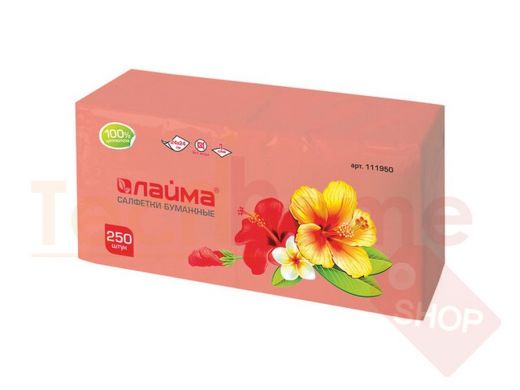 Салфетки бумажные, 250 шт., 24х24 см, ЛАЙМА, красные (пастель), 100% целлюлоза