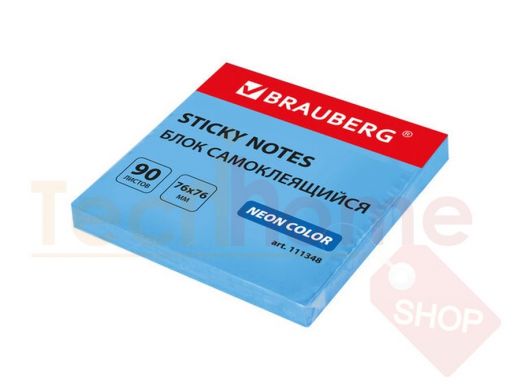 Блок самоклеящийся (стикеры) BRAUBERG НЕОНОВЫЙ 76х76 мм, 90 листов, голубой