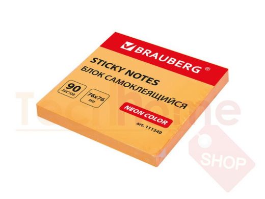 Блок самоклеящийся (стикеры) BRAUBERG НЕОНОВЫЙ 76х76 мм, 90 листов, оранжевый