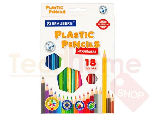Карандаши цветные пластиковые BRAUBERG PREMIUM, 18 цветов, шестигранные, грифель мягкий 3 мм