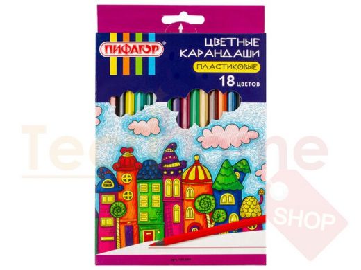 Карандаши цветные ПИФАГОР "СКАЗОЧНЫЙ ГОРОД", 18 цветов, черный пластик, заточенные