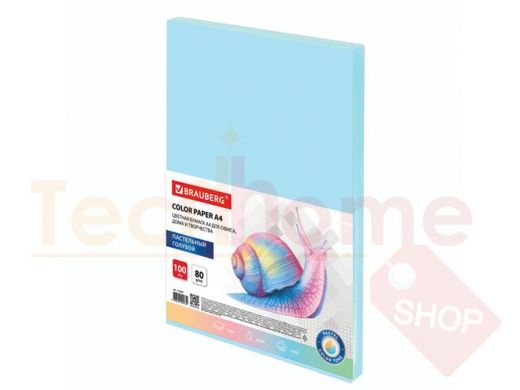 Бумага цветная BRAUBERG, А4, 80 г/м2, 100 л., пастель, голубая, для офисной техники