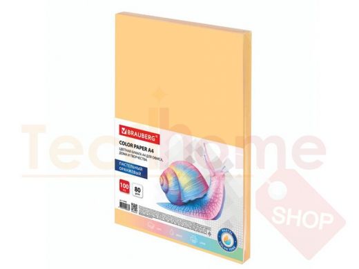 Бумага цветная BRAUBERG, А4, 80 г/м2, 100 л., пастель, оранжевая, для офисной техники