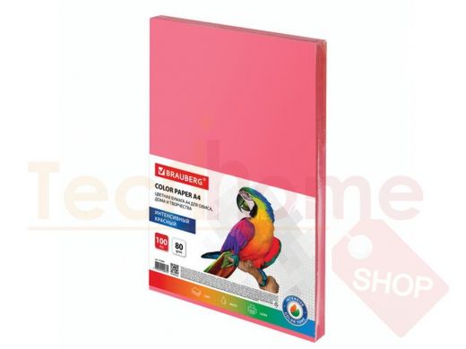 Бумага цветная BRAUBERG, А4, 80 г/м2, 100 л., интенсив, красная, для офисной техники