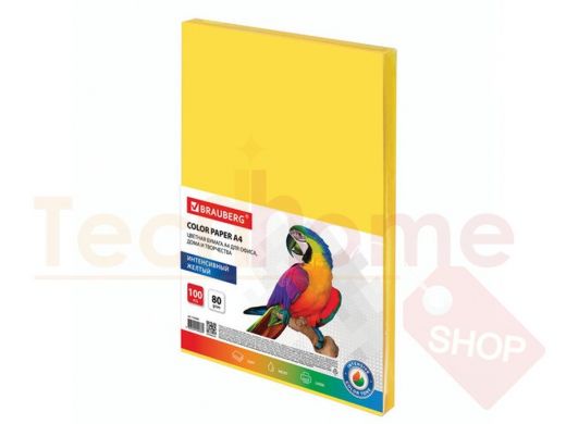 Бумага цветная BRAUBERG, А4, 80 г/м2, 100 л., интенсив, желтая, для офисной техники