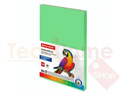 Бумага цветная BRAUBERG, А4, 80 г/м2, 100 л., интенсив, зеленая, для офисной техники