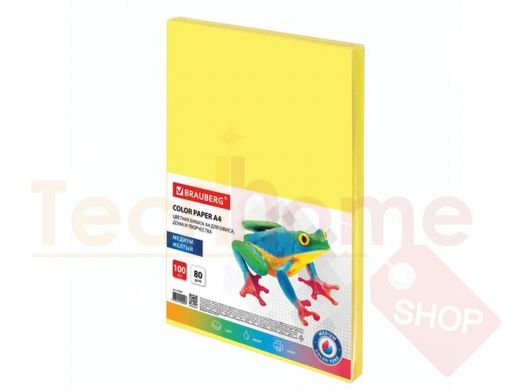 Бумага цветная BRAUBERG, А4, 80 г/м2, 100 л., медиум, желтая, для офисной техники