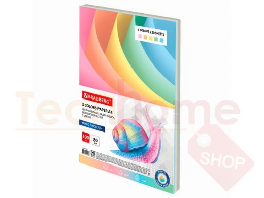 Бумага цветная BRAUBERG, А4, 80 г/м2, 100 л., (5 цветов х 20 листов), пастель, для офисной техники