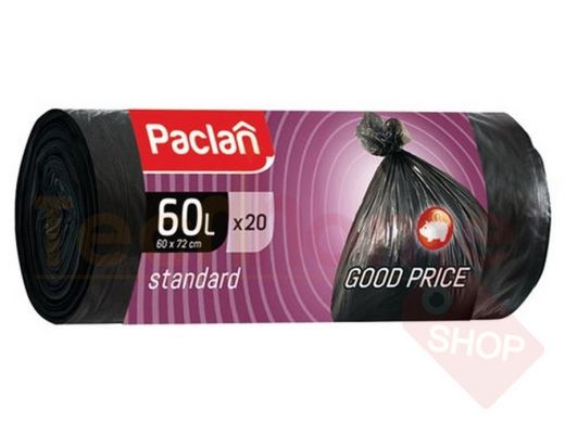 Мешки для мусора 60 л, черные, в рулоне 20 шт., ПНД, 7,4 мкм, 60х72 см, PACLAN 