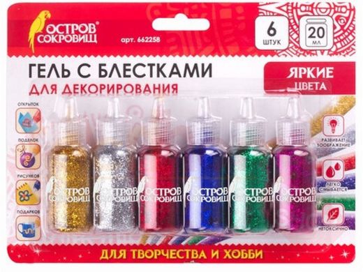 Гель с блестками ОСТРОВ СОКРОВИЩ, для декора, поделок, DIY, творчества, оформления, 6 ярких цветов п