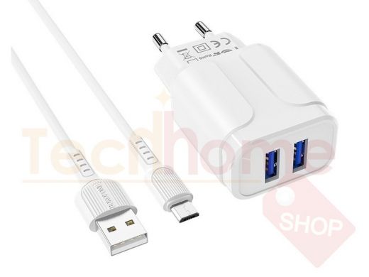 .Зарядное устройство с 2-мя USB  BoroFone BA37A, 2.4A, пласт, каб 8 pin, белый