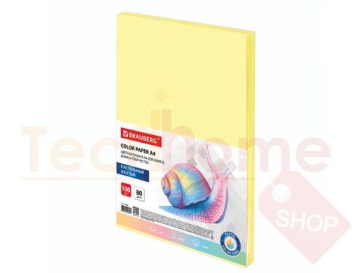 Бумага цветная BRAUBERG, А4, 80 г/м2, 100 л., пастель, желтая, для офисной техники