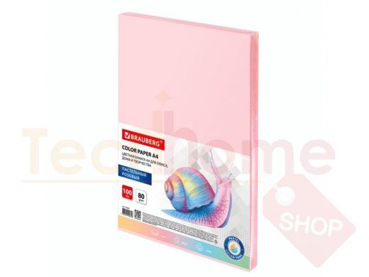 Бумага цветная BRAUBERG, А4, 80 г/м2, 100 л., пастель, розовая, для офисной техники