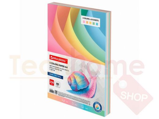 Бумага цветная BRAUBERG, А4, 80 г/м2, 250 л., (5 цветов х 50 листов), пастель, для офисной техники