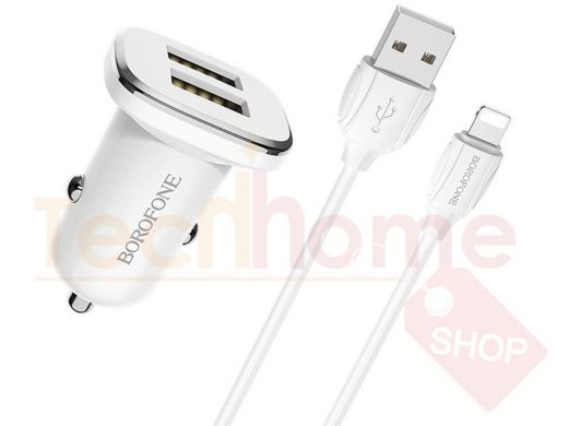 Зарядное устройство с USB  BOROFONE BZ12 iOS Lightning ЗУ авто + кабель (5B,2400mA)