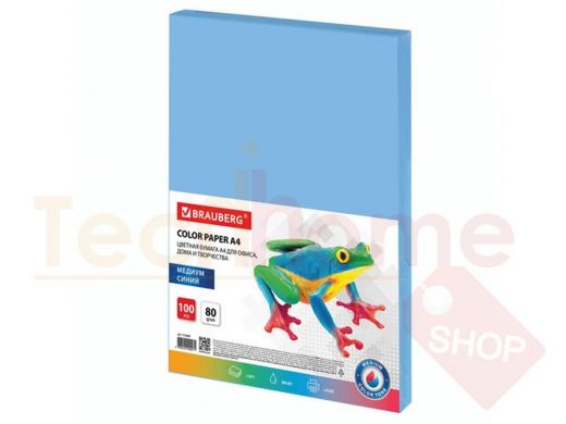 Бумага цветная BRAUBERG, А4, 80 г/м2, 100 л., медиум, синяя, для офисной техники
