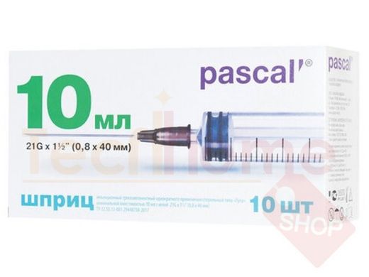 Шприц 3-х компонентный PASCAL, 10 мл, КОМПЛЕКТ 10 шт., в коробке, игла 0,8х40 - 21G