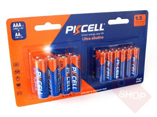 Щелочной/алкалиновый элемент питания PKCELL LR03(12)+LR6(8) тип - AAА 12 шт + АА 8 шт Цена за набор