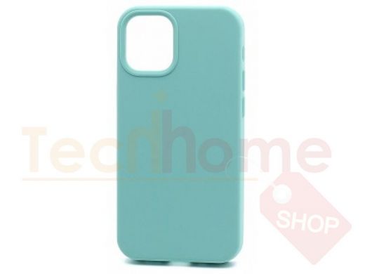 Чехол iPhone 12 mini, Silicone case Soft Touch, голубой, снизу закрыт, лого, 021