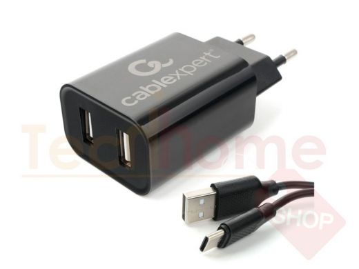Зарядное устройство TYPE-C  Cablexpert MP3A-PC-37 USB 2 порта, 2.4A, черный + кабель 1м Type-C