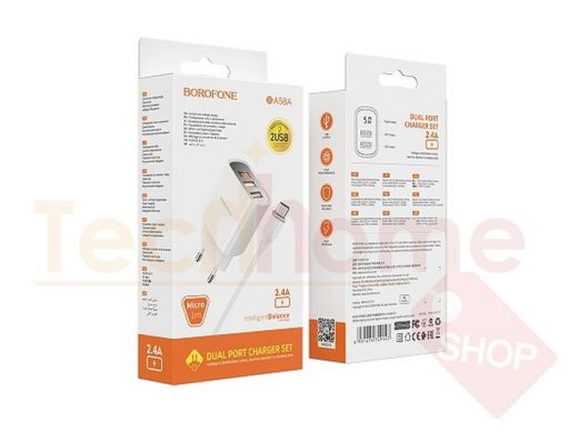 СЗУ + кабель MicroUSB, Borofone BA58A, 2USB, 2.4A, QC3.0, белое