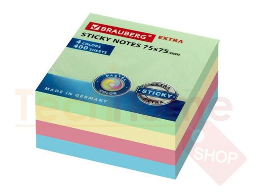 Блок самоклеящийся (стикеры) EXTRA STICKY BRAUBERG (Германия), ПАСТЕЛЬНЫЙ, 75х75 мм, 400 л., 4 цвета