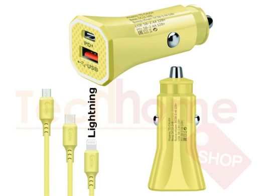 TDS TS-CAU54 Желтый ЗУ авто USB + кабель iOS Lightning (Type-C, 2400mA)