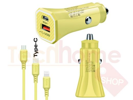 TDS TS-CAU54 Желтый ЗУ авто USB + кабель Type-C (Type-C, 2400mA)