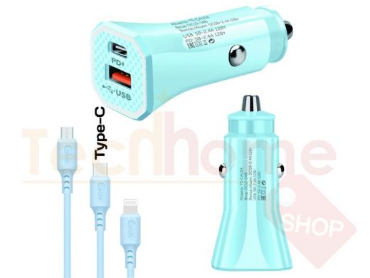 TDS TS-CAU54 Синий ЗУ авто USB + кабель Type-C (Type-C, 2400mA)