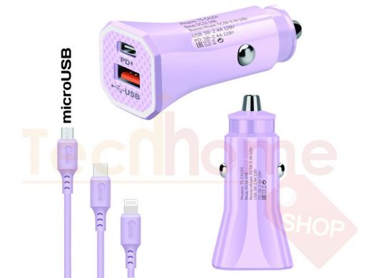 TDS TS-CAU54 Фиолетовый ЗУ авто USB + кабель Micro USB (Type-C, 2400mA)