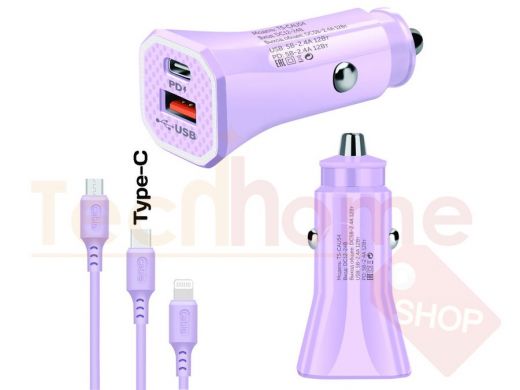 TDS TS-CAU54 Фиолетовый ЗУ авто USB + кабель Type-C (Type-C, 2400mA)