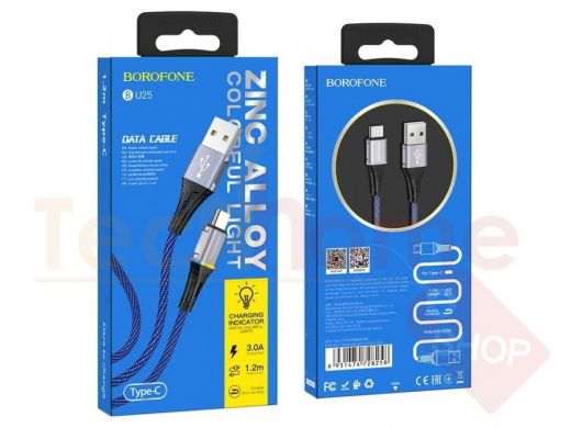 Кабель USB - Type-C, Borofone BU25, нейлоновый, 120см, голубой