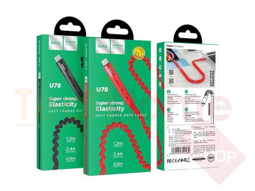 Кабель USB - Type-C, Hoco U78, текстиль, 120см, 2.4A, красный
