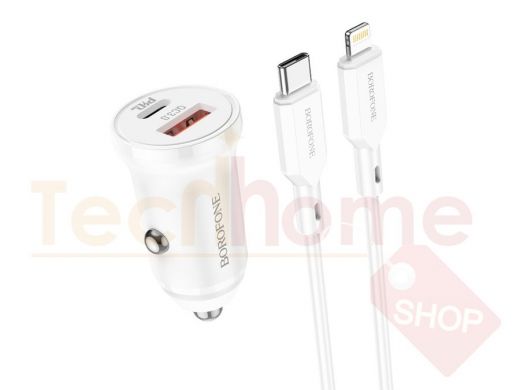 BOROFONE BZ18A Белый ЗУ авто USB + кабель iOS Lightning - Type-C (PD20W+QC3.0, 3000mA)