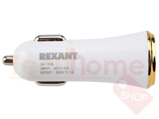 Автомобильный адаптер REXANT 2хUSB с индикацией (АЗУ) (1000+2100 mA) белая
