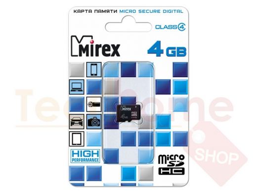 Карта памяти  micro SDHC    4GB  Mirex, class 4, без адаптера