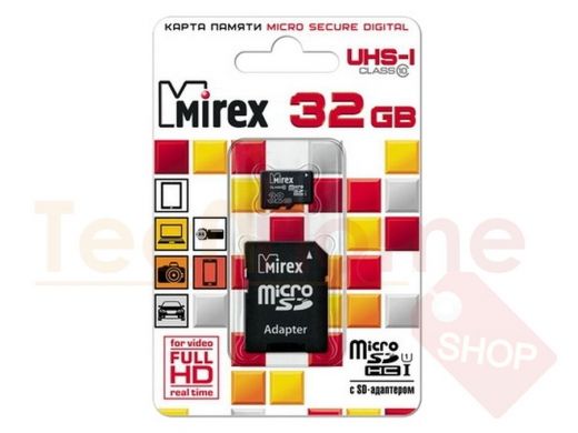 Карта памяти  micro SDHC   32GB  Mirex, сlass 10, с адаптером UHS-I
