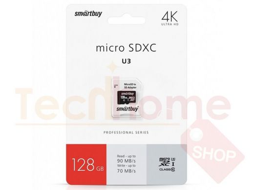 Карта памяти  micro SDXC  128GB  Smartbuy, сlass 10PROU3, с адаптером SD R/W:90/70 MB/s