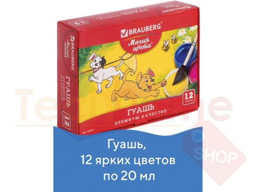 Гуашь BRAUBERG 12 цветов по 20 мл, без кисти, картонная упаковка
