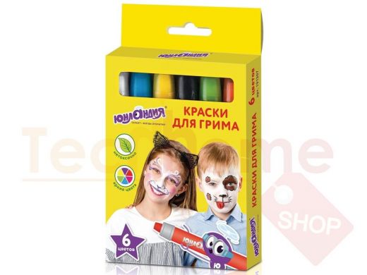 Краски для грима ЮНЛАНДИЯ, НАБОР 6 цв, яркие цвета, для лица и тела, смываются водой